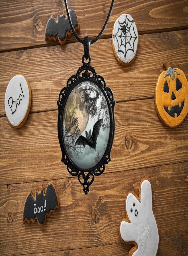 IS4U Gothic Halloween Cameo Necklace, Vintage Crystal Glass Witch/Raven/Bat/Tree Pendant Necklace Punk Style Dark Necklace Goth Victorian Choker Halloween Jewelry for Women (Black Bat1) - Image 2
